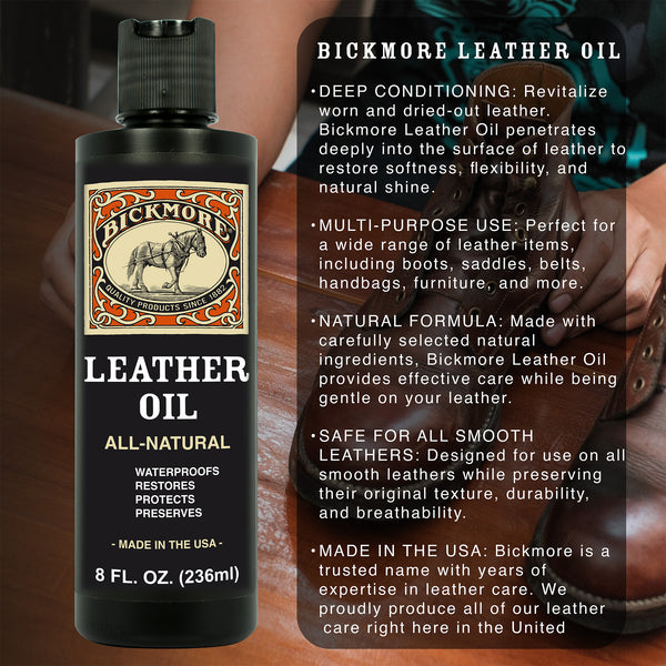 Bickmore Leather Oil Leather Conditioner | Waterproofs, Protects, and Restores Boots, Jackets, Auto, Furniture, and All Leather Goods | Made in The USA